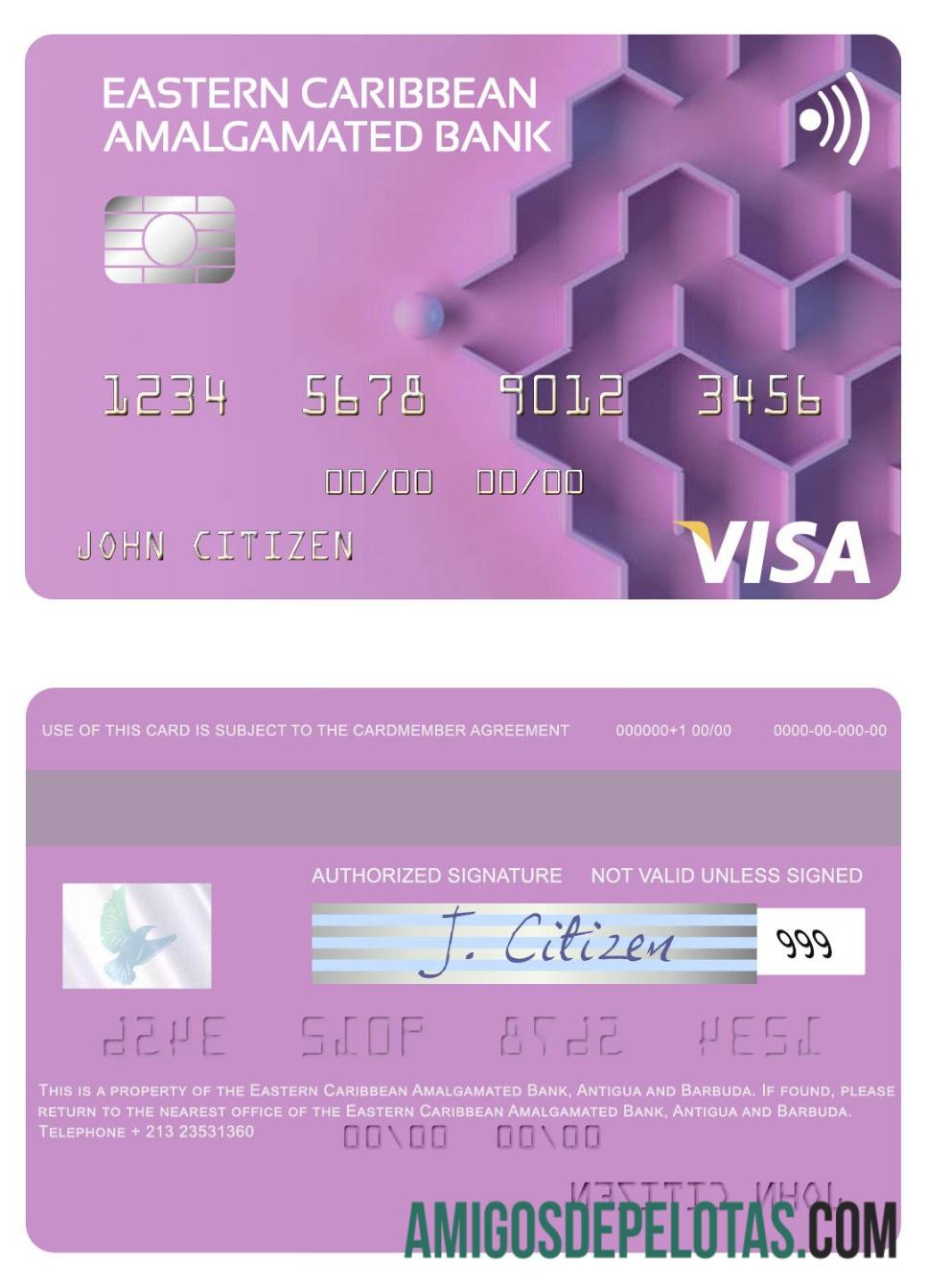 Cartão Visa Bancário Amalgamado do Caribe Oriental de Antígua e Barbuda amostra